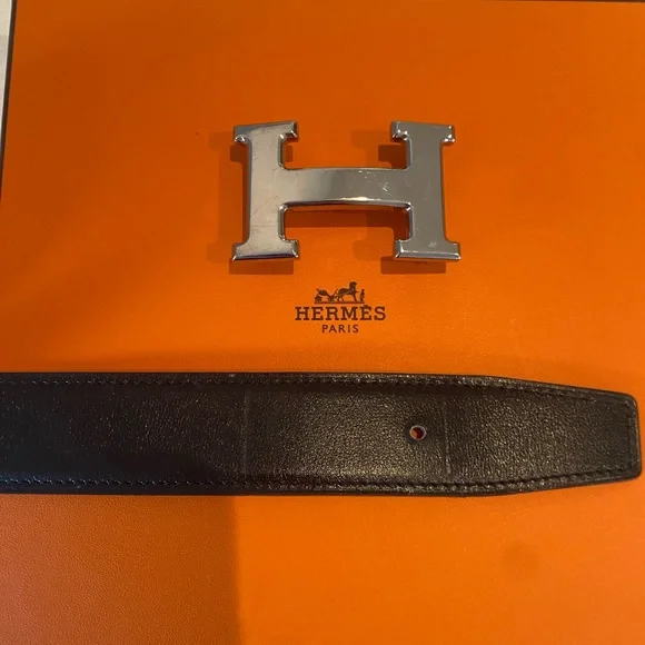Hermes H Belt Buckle with reversible leather strap in black/tan 32mm - Picture 1 of 6